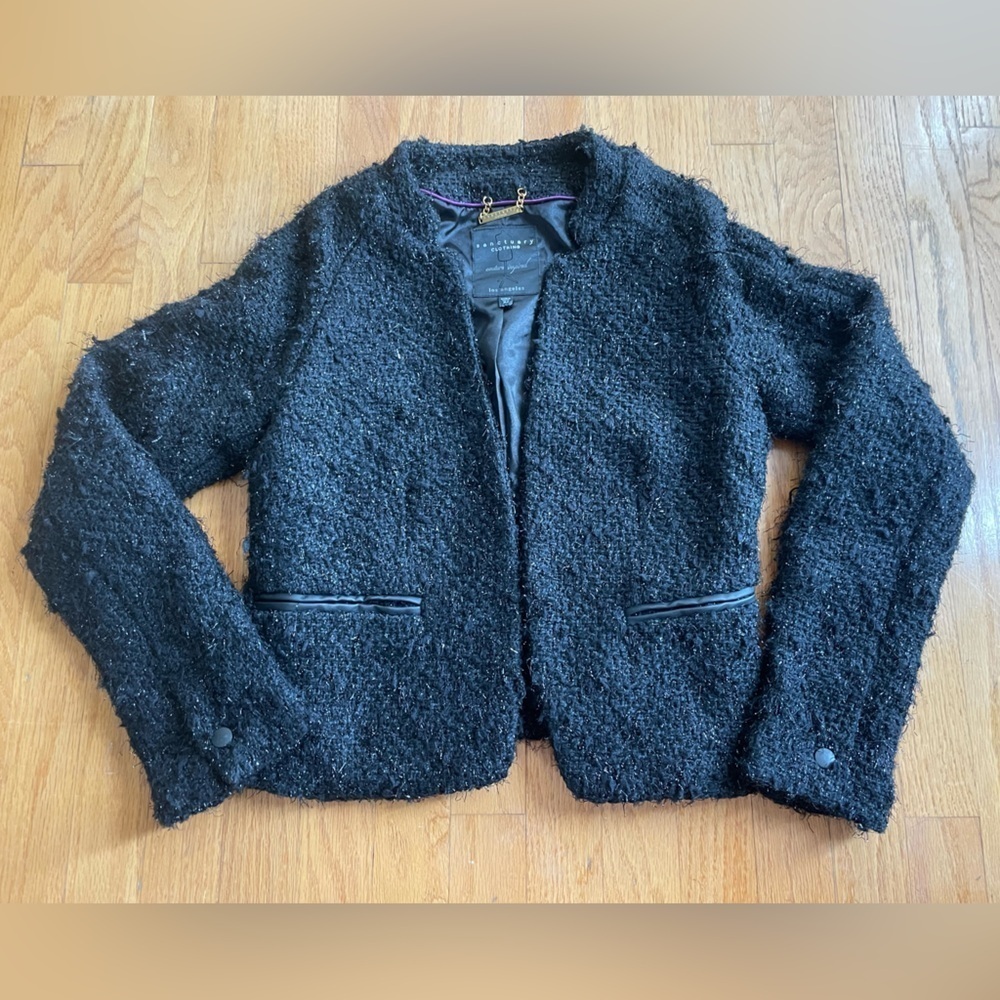 Sanctuary Couture Inspired Los Angeles Black Sparkle Tweed Open Crop Blazer
